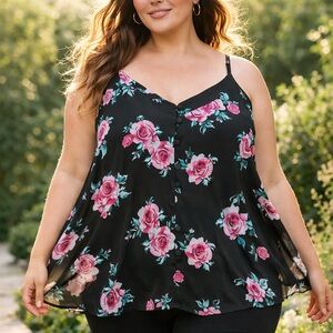 Torrid Size 4 Floral Tank Top Black Pink Rose Button Front Flowy Cami Plus Size